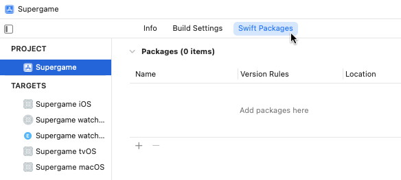 The location of the Swift Packages tab in Xcode.