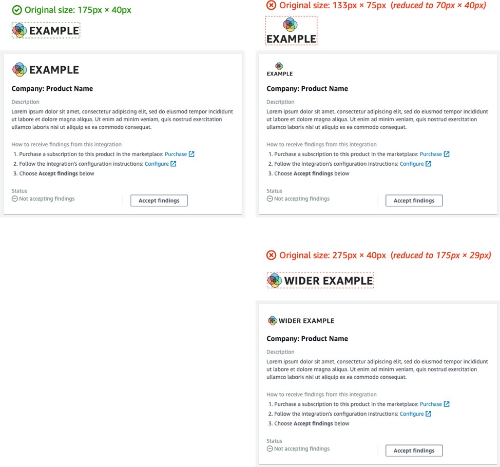 Ejemplos de tarjetas para integraciones de productos en las que se cambia el tamaño del logotipo