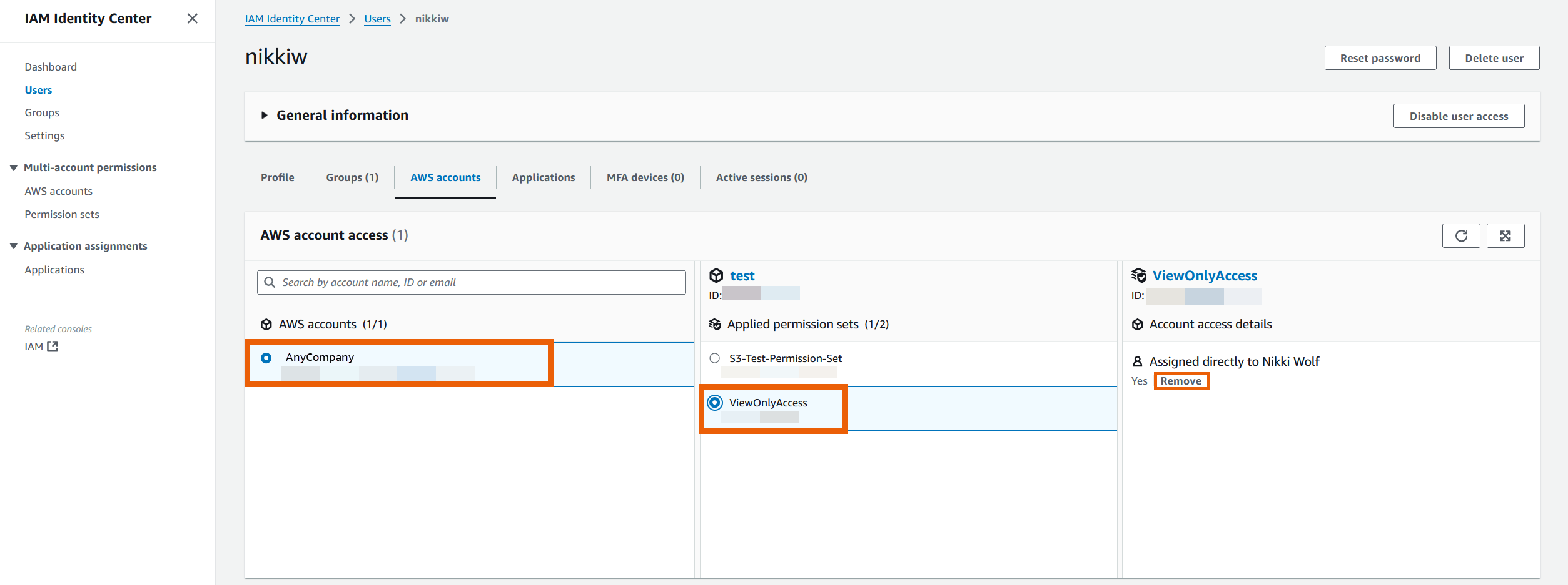 AWS accounts tab for an IAM Identity Center user in the IAM Identity Center console.