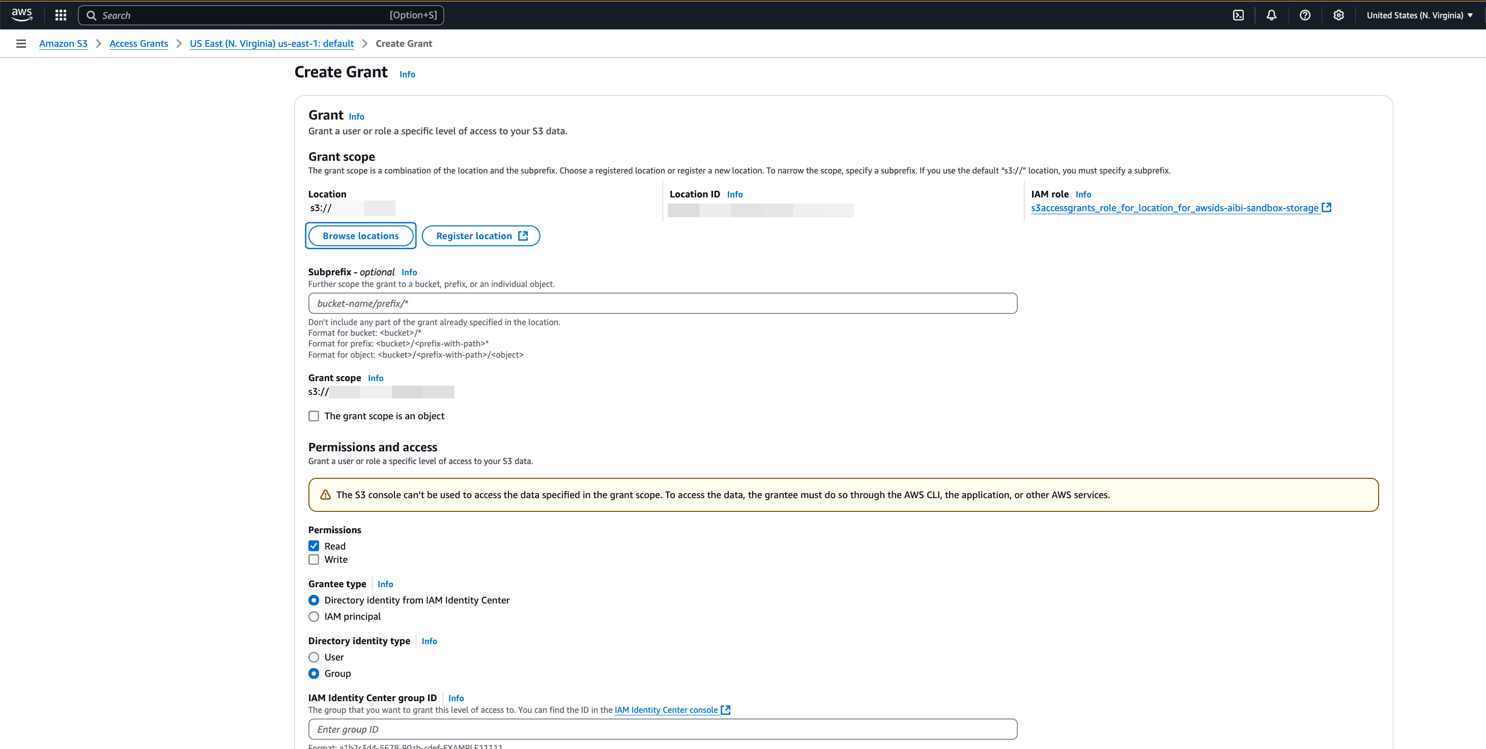 Página Crear concesión en la consola de Concesiones de acceso a Amazon S3.