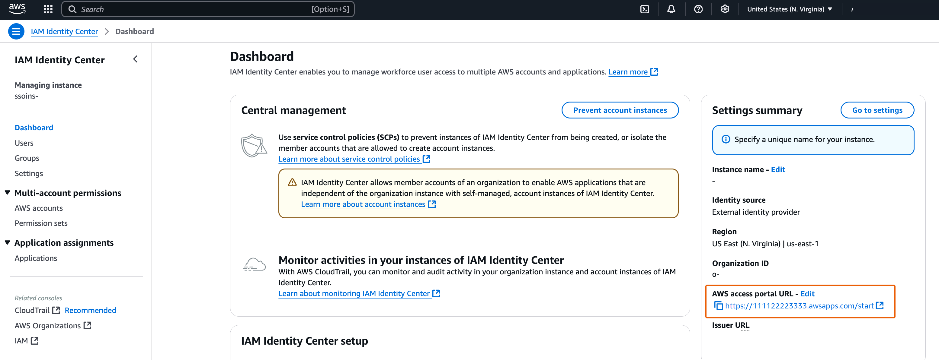 Step i, Copy AWS access portal URL from IAM Identity Center console.