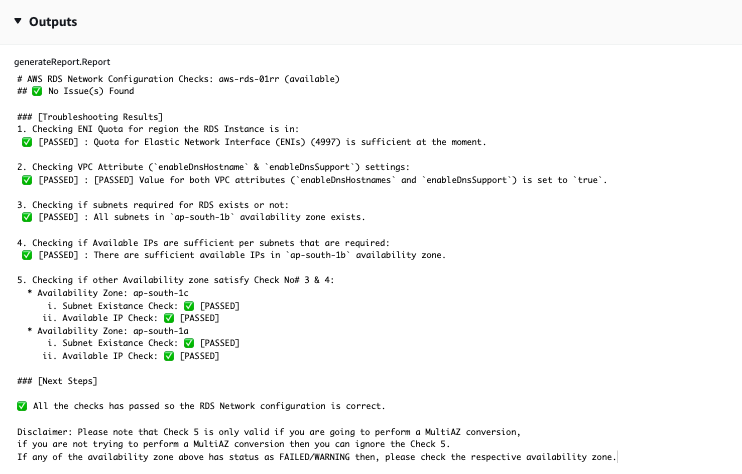 Report showing successful AWS RDS network configuration checks with all items passed.