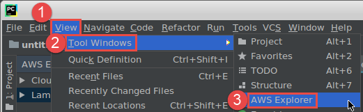 Opening AWS Explorer from the main menu.