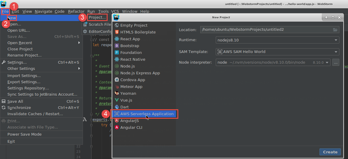 Choosing to create an AWS serverless application in WebStorm