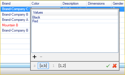 Spreadsheet interface showing Brand, Color, Descripción, Dimensions, and Gender columns with editable cells.