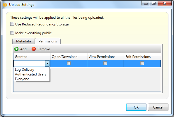 Upload Settings dialog with options for storage, visibility, and permissions configuration.