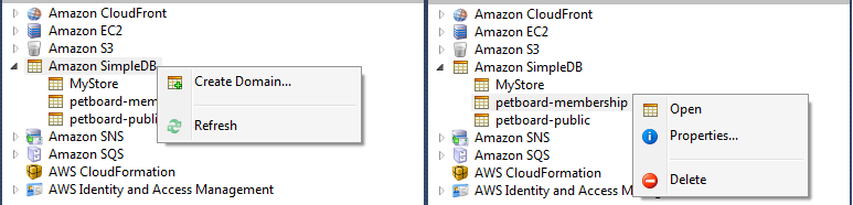 AWS Explorer showing Amazon SimpleDB domains with options to create, refresh, or delete.