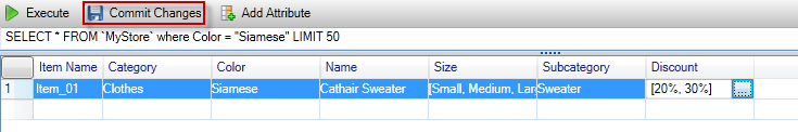 Database query result showing one item with "Siamese" color and "Cathair Sweater" name.