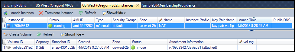 EC2 instance details showing a running NAT instance with an attached EBS volume.