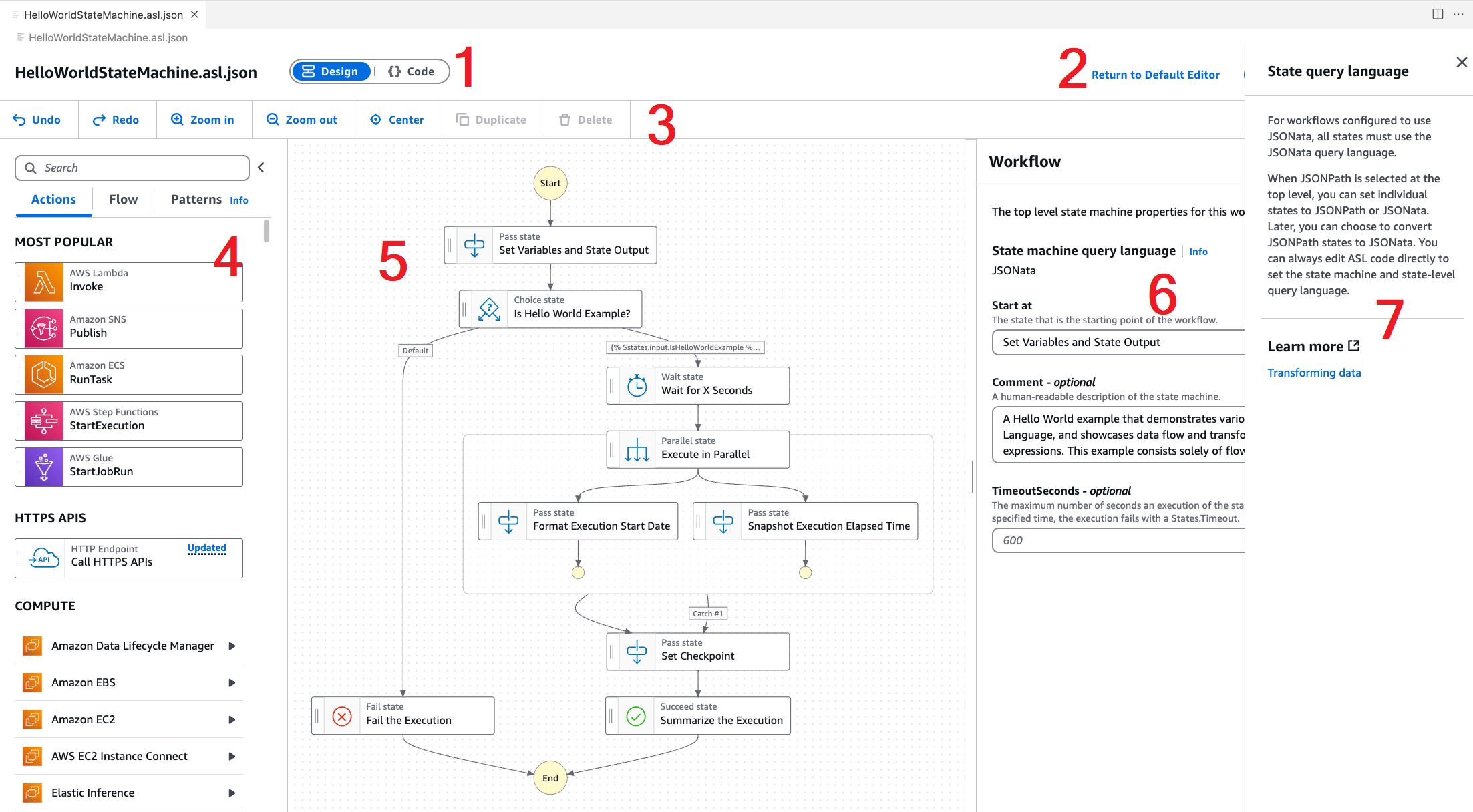El modo de diseño de la interfaz de usuario de Workflow Studio en el AWS kit de herramientas