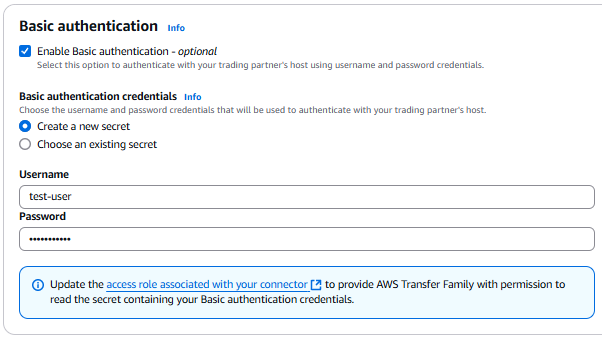 La página Crear un conector de la AWS Transfer Family consola, que muestra la sección de autenticación básica con la opción Crear un nuevo secreto.