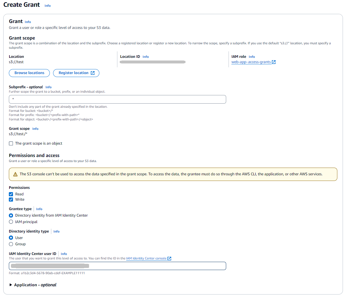 Pantalla que muestra el cuadro de diálogo Create Grant de Amazon S3 con valores de ejemplo.