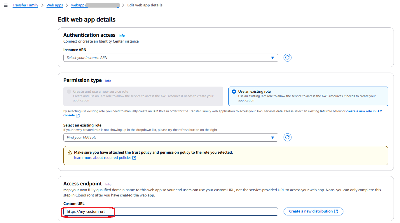 Pantalla que muestra un punto de acceso personalizado para una aplicación web Transfer Family.