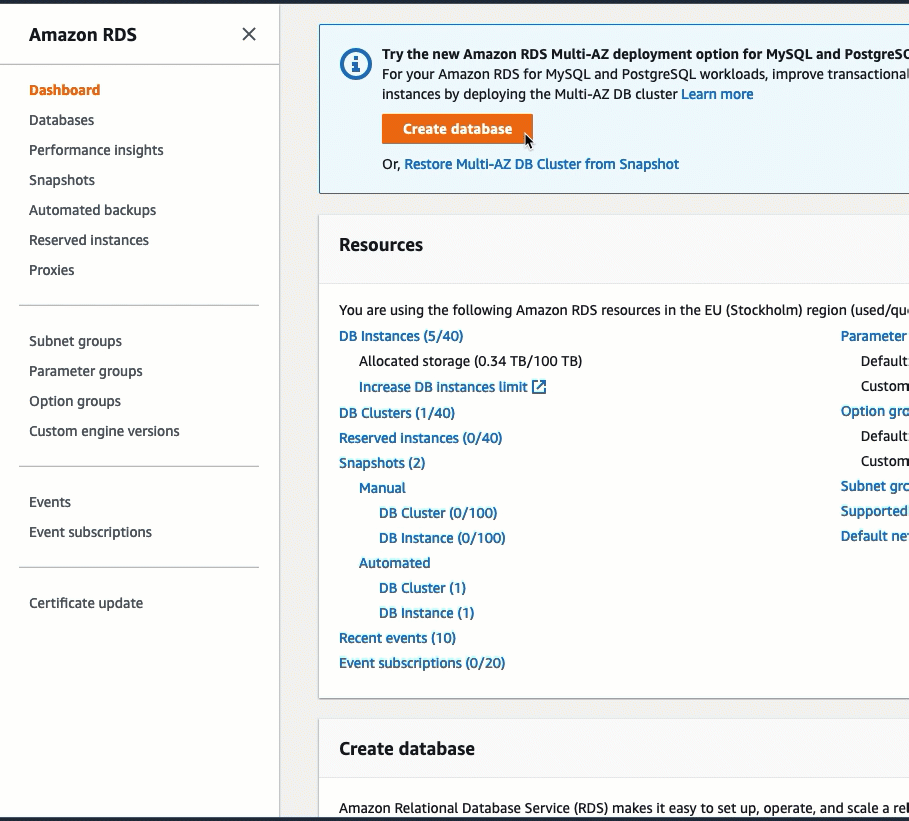Cette animation montre comment créer une base de données RDS, puis utiliser la fonctionnalité de connexion automatique pour la connecter à une instance EC2. Pour la version texte de cette animation, veuillez consulter les étapes de la procédure précédente.