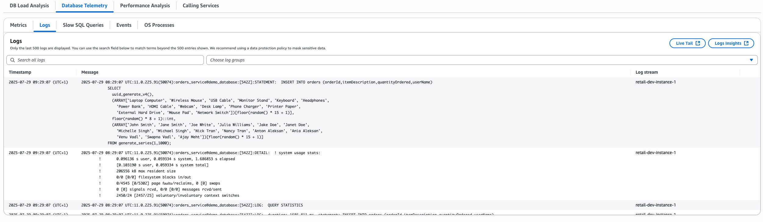 Télémétrie de base de données dans le tableau de bord de l’instance de base de données
