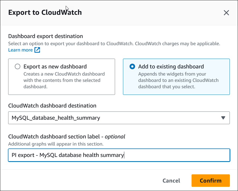 Fenêtre Exporter vers CloudWatch avec l’option Ajouter au tableau de bord existant sélectionnée