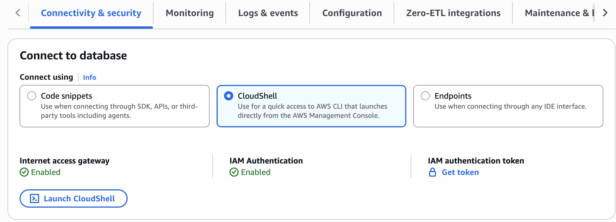 Le bouton de CloudShell lancement dans l'onglet connectivité et sécurité.