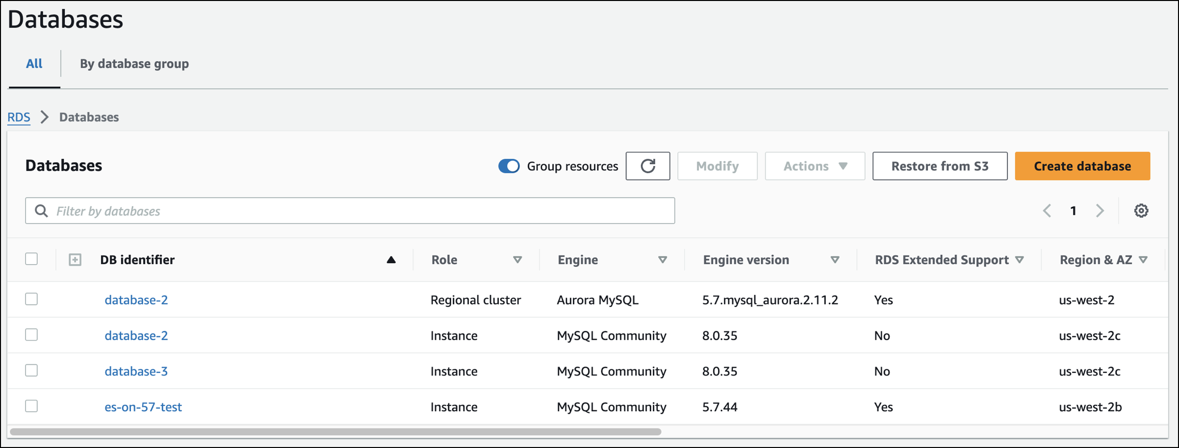 Section Bases de données avec le paramètre Support étendu RDS pour chaque base de données de la console RDS.