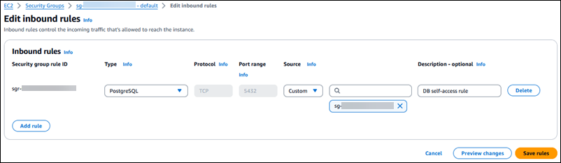 Ajoutez une règle entrante pour la base de données source.