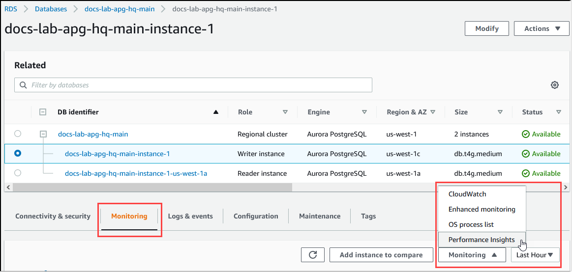 Image de l’accès à Performance Insights à partir de la console RDS et du cluster de bases de données Aurora PostgreSQL sélectionné.
