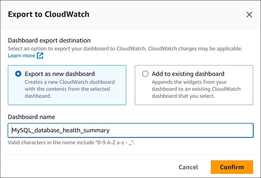 Fenêtre Exporter vers CloudWatch avec l'option Exporter en tant que nouveau tableau de bord sélectionnée