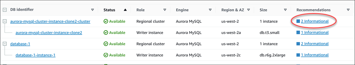 Option de recommandation sélectionnée sur la page Bases de données dans la console