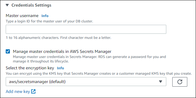 Gérer les informations d'identification principales dans les options AWS Secrets Manager sélectionnées