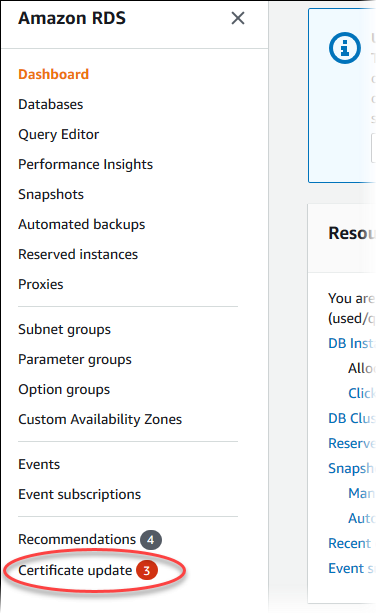 Option du panneau de navigation de rotation des certificats