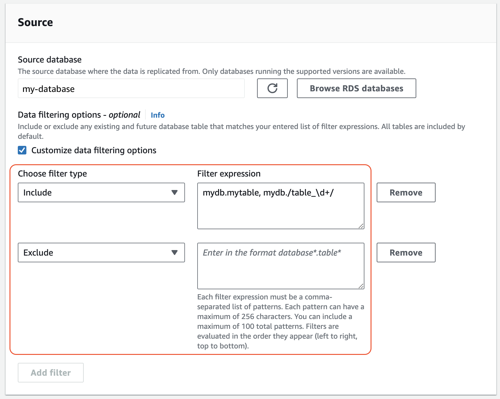 Filtrage des données pour une intégration zéro ETL dans la console RDS