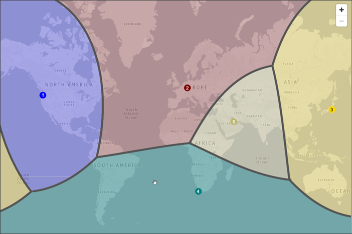 Une carte du monde qui montre comment le trafic est acheminé lorsque vous ajoutez un biais de -25 dans la région USA Ouest (Oregon).