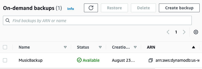 Page de la console Sauvegardes à la demande. L'état de MusicBackup apparaît comme étant disponible.