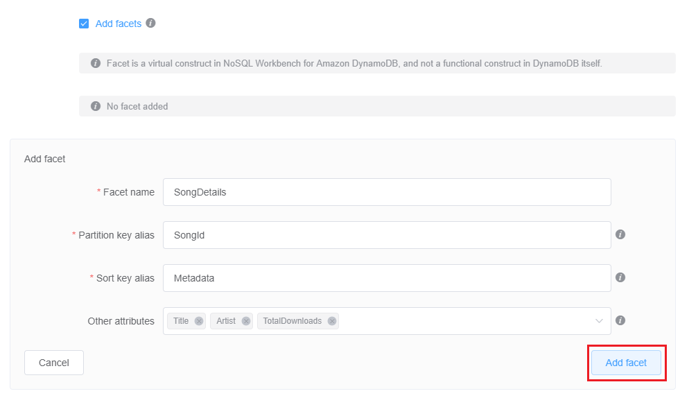 Capture d’écran de la console montrant les détails de la facette et le bouton d’ajout de facette.