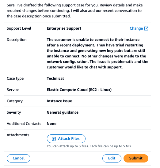 Un cas de support rempli dans un volet de chat Amazon Q.