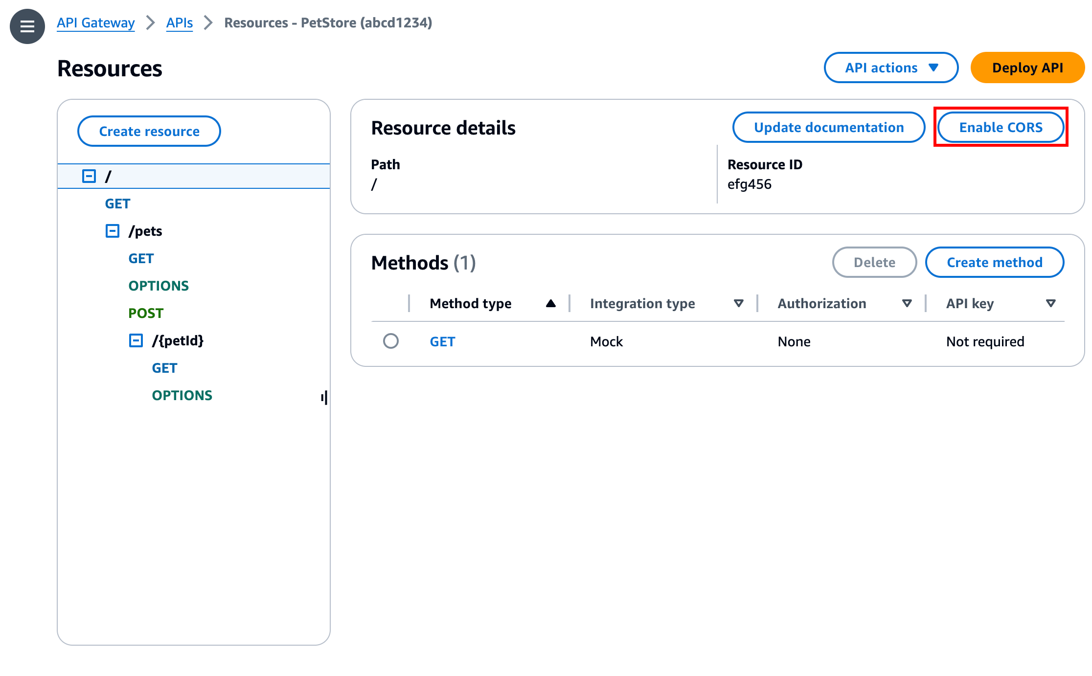 Dans le volet Ressources, sélectionnez Activer CORS.