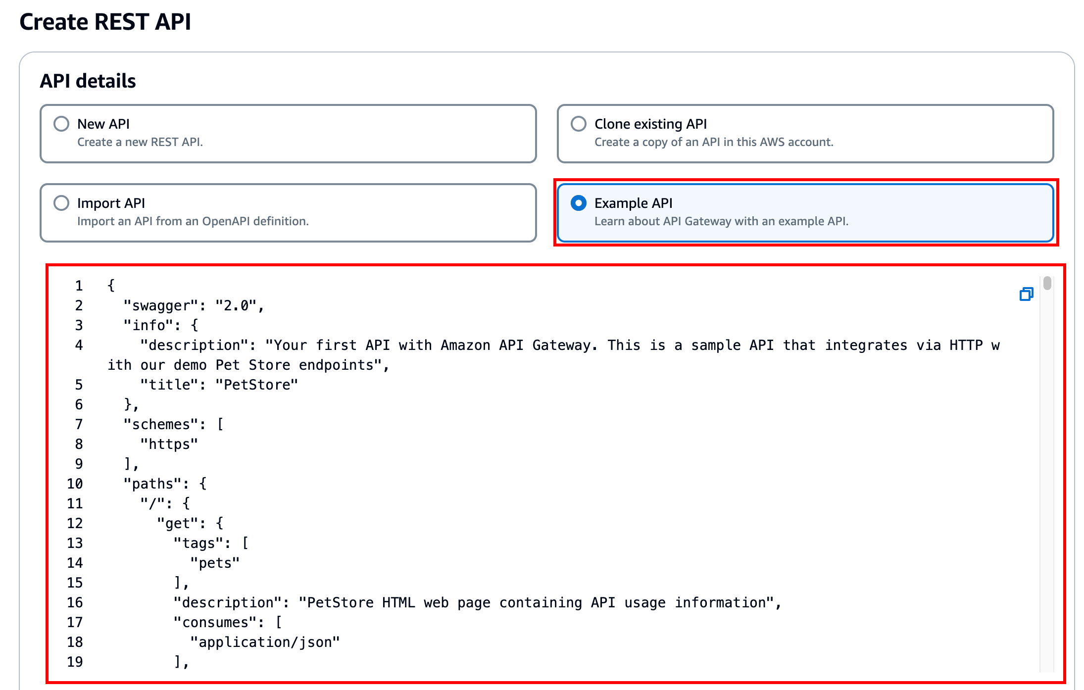 Exemple d’API REST dans la console API Gateway.