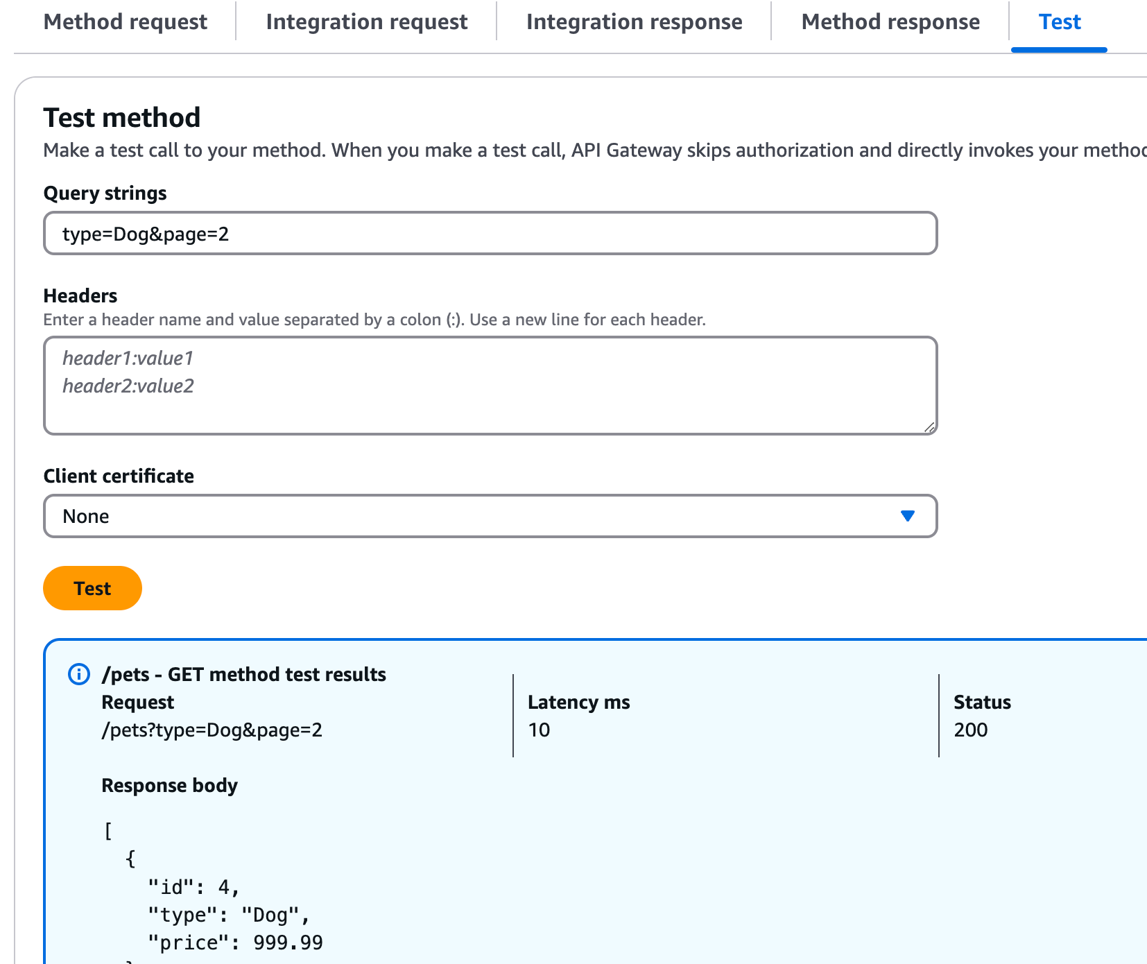 Résultat du test d’appel de la méthode GET sur Pets