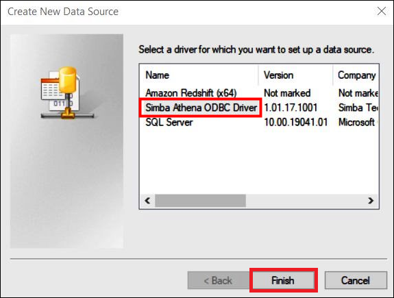 Choisissez Simba Athena ODBC Driver (Pilote ODBC Simba Athena).
