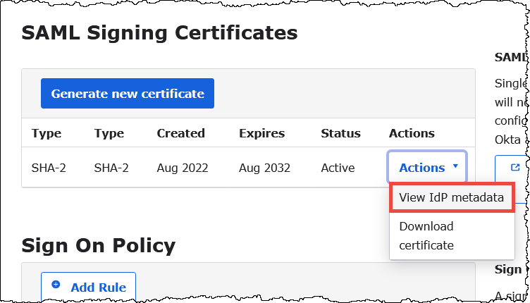 Enregistrement des métadonnées IdP dans un fichier XML local.
