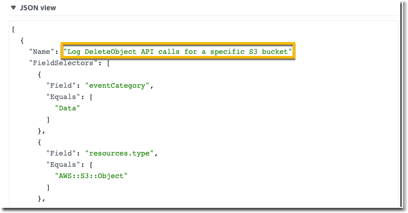 Vue JSON étendue affichant les sélecteurs d'événements avancés