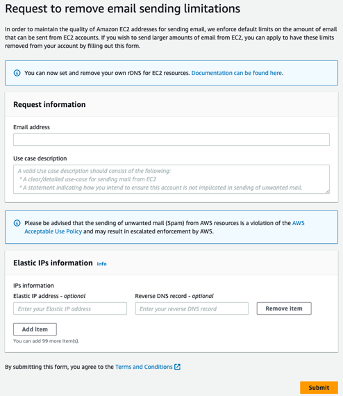 Formulaire de demande de suppression des restrictions d'envoi d'e-mails dans la console du Support Center.