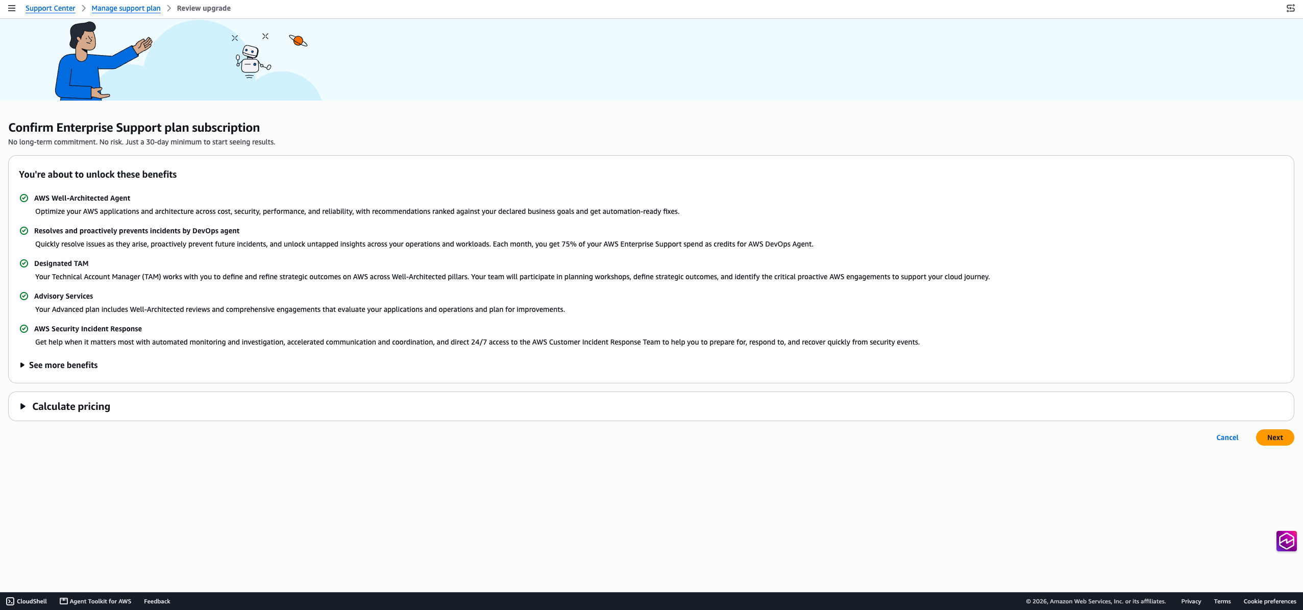 Consultez la page de mise à niveau présentant les avantages du plan Enterprise Support et un bouton Suivant pour vérifier l'éligibilité.