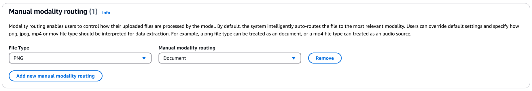 An image from the AWS console, showing a pair of drop down menus labeled file type and modality destination, selected as PNG and Document.