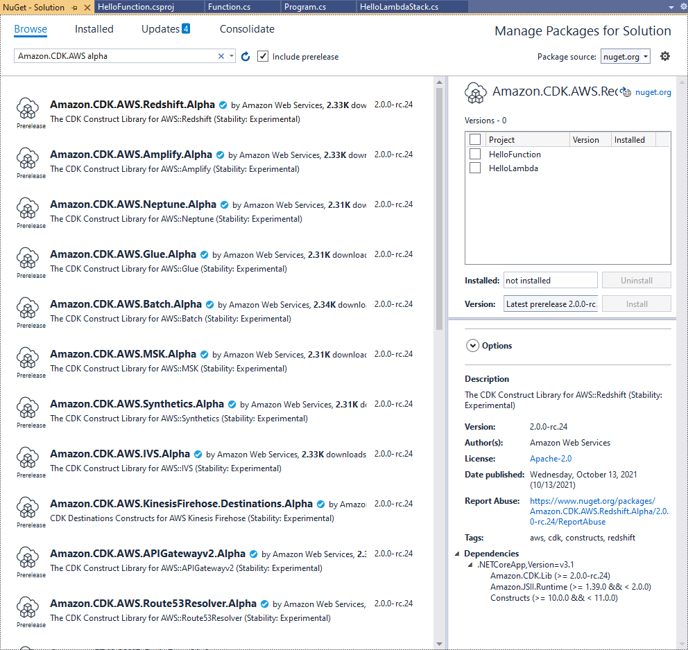 NuGet package manager showing Amazon CDK<shared id="AWS"/> alpha packages for various services.