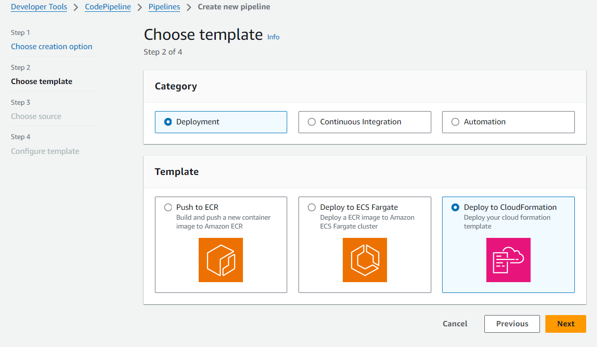 Image showing the choose template option with CloudFormation deployment selectedin the wizard