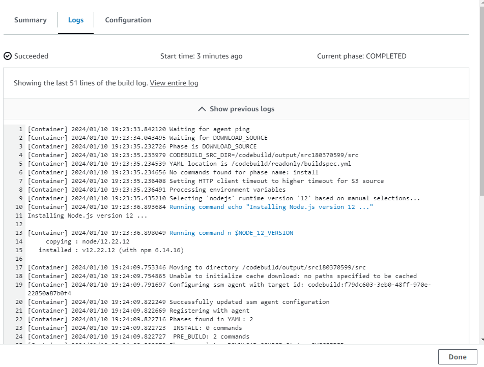 The Logs tab shows information for the action logs.