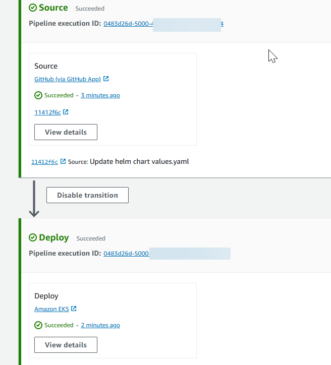 A console diagram showing a successful pipeline run with the deploy action added to your pipeline.