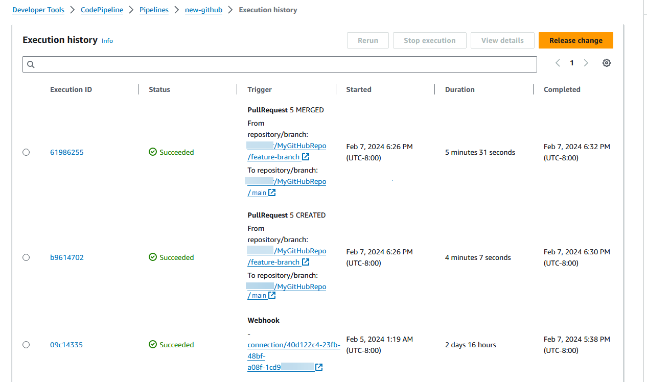 Image showing the pipeline execution history that shows the CREATED and MERGED pull request status events that started the pipeline executions