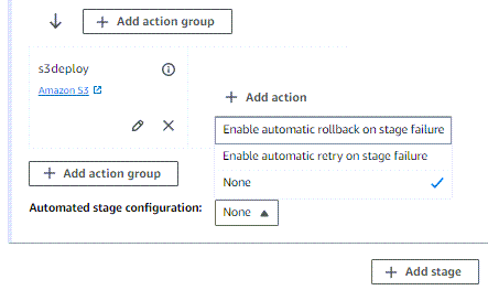 Configuring retry mode for a stage in CodePipeline.