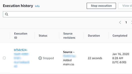Image showing the history view where the execution status is Stopped