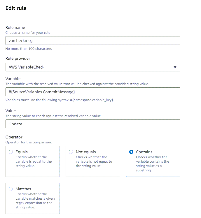 The rule creation page for the "contains" variable check